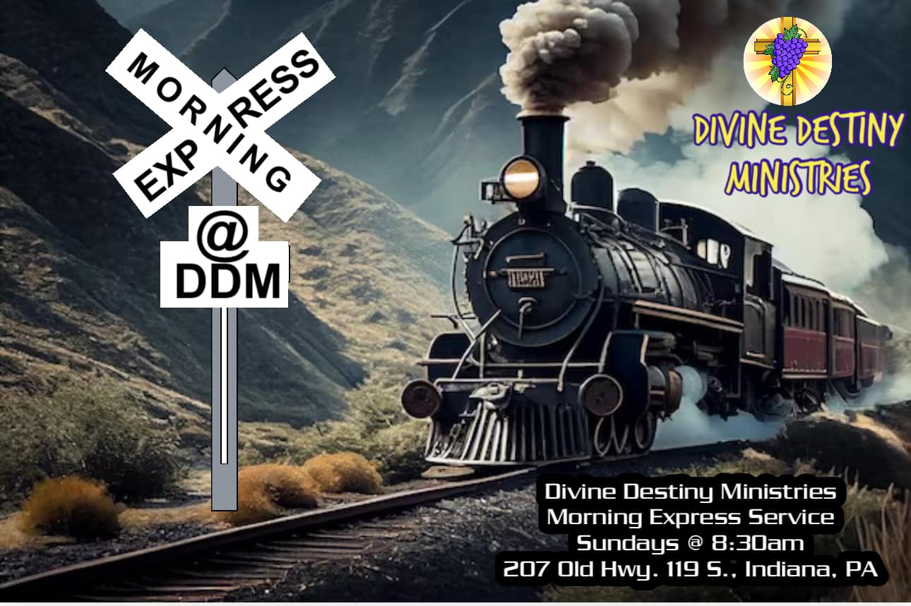 Morning Express Service Announcement 8:30am every Sunday starting on July 7 2024. Train at cross road background image