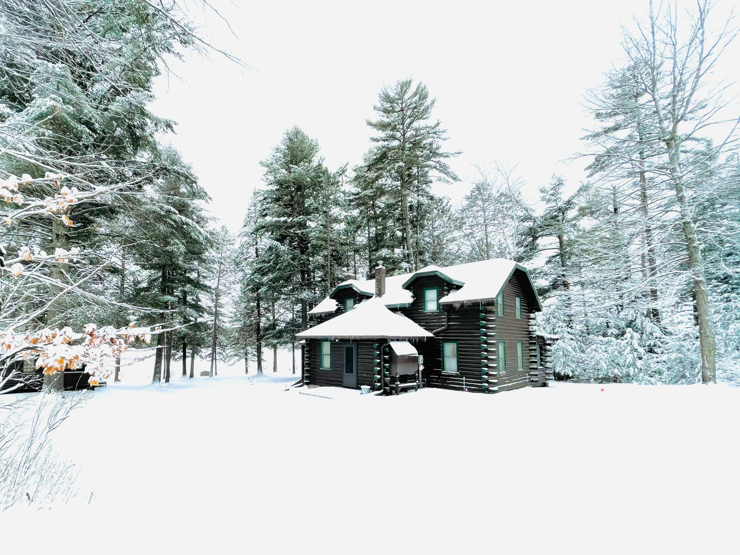 picture of log cabin in winter landscape