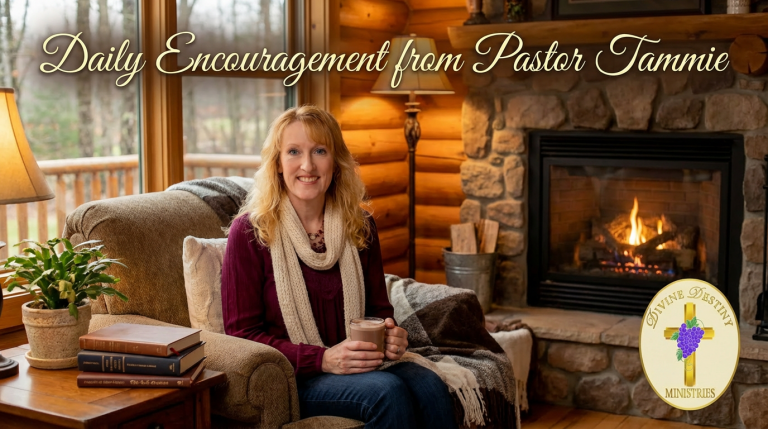 picture of pastor tammie by fire place with text of daily encouragements