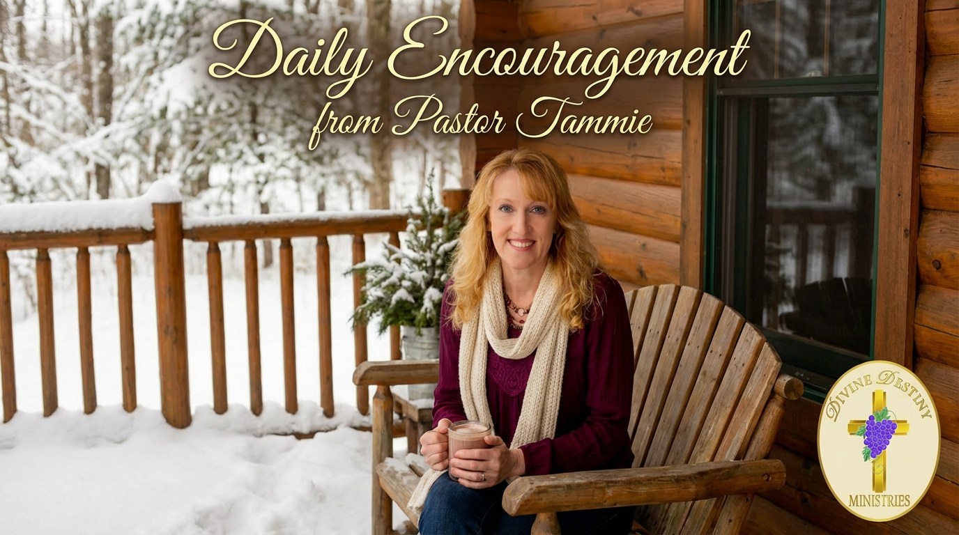 picture of pastor tammie on log cabin porch with text of daily encouragements