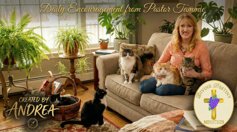 pastor tammie on couch with cats and house plants