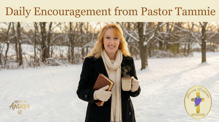 pastor tammie in wintery landscape with Bible and cup of coffee