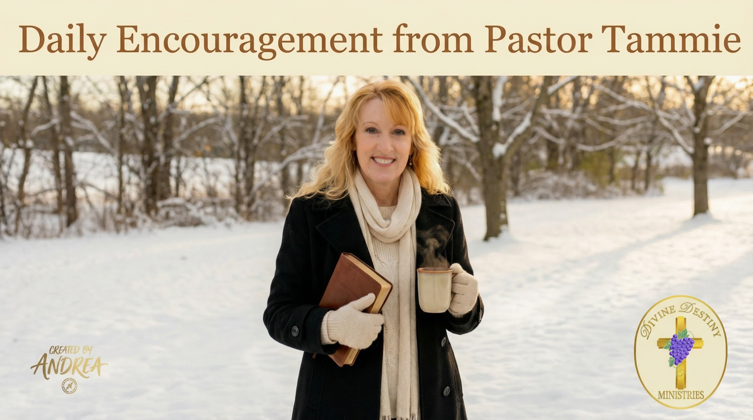 pastor tammie in wintery landscape with Bible and cup of coffee